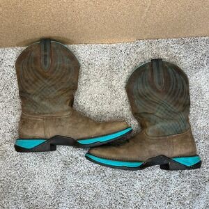 Ariat Womens Leather Boots Western Turquoise Stitch Square Toe Brown 8B